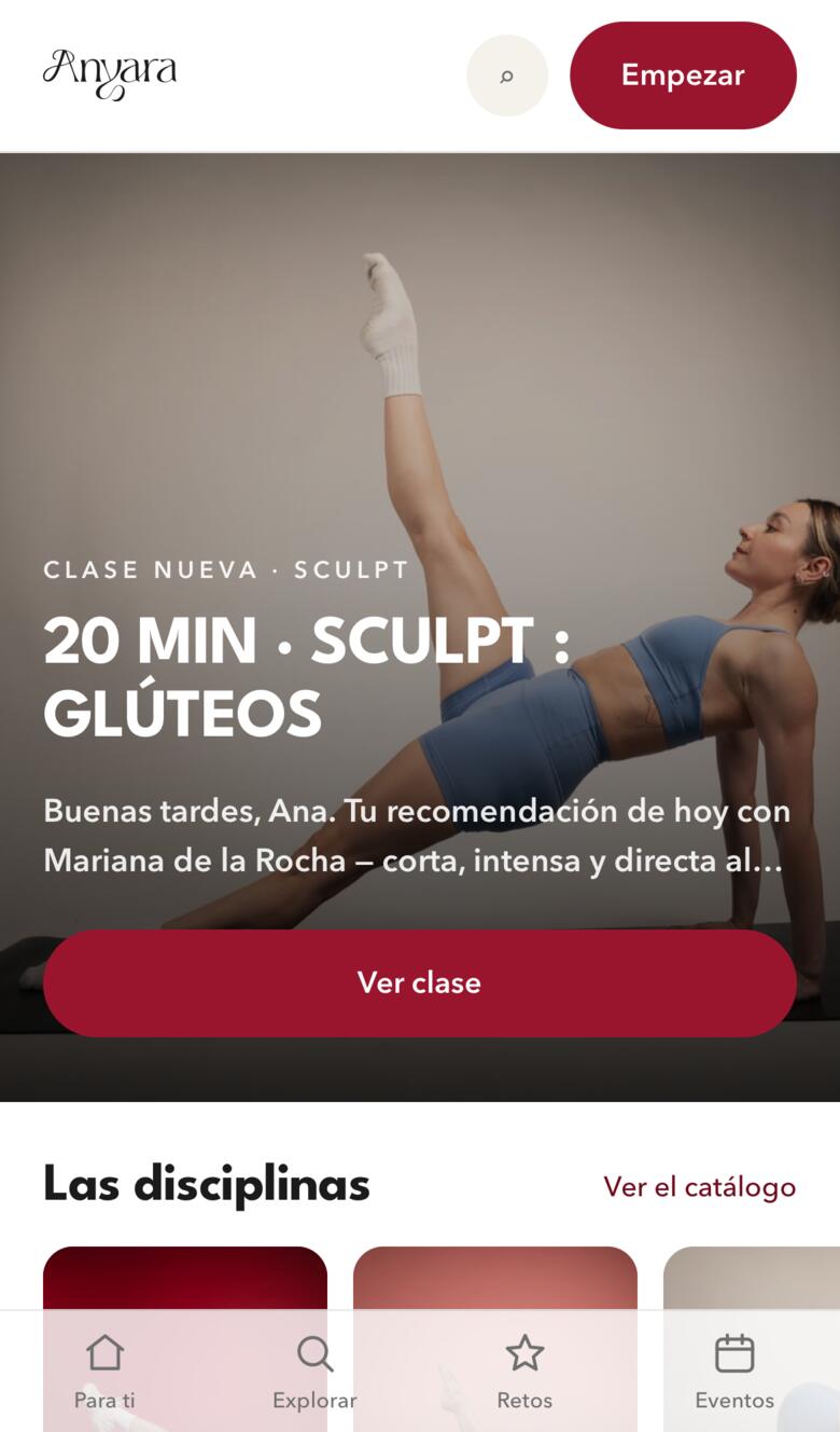 Adelanto de la app de Anyara en el teléfono: tu clase recomendada del día